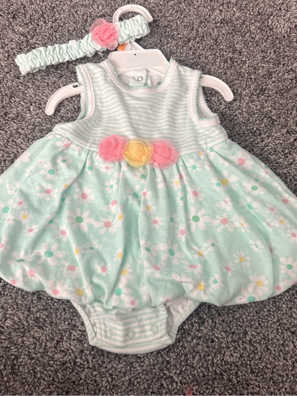 Little Me Mint Floral Baby Dress Bodysuit with Pink & Yellow Flower Accents